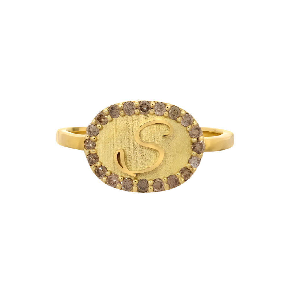 Champagne Diamond Initial Cuff Ring, 18k gold