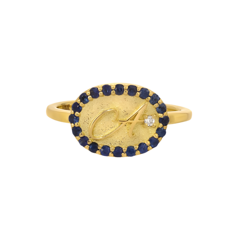 Blue Sapphire Initial Cuff Ring, 18k gold