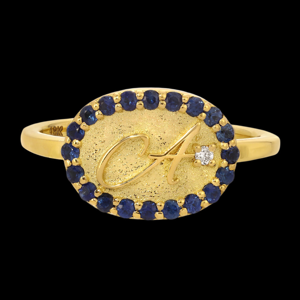 Blue Sapphire Initial Cuff Ring, 18k gold