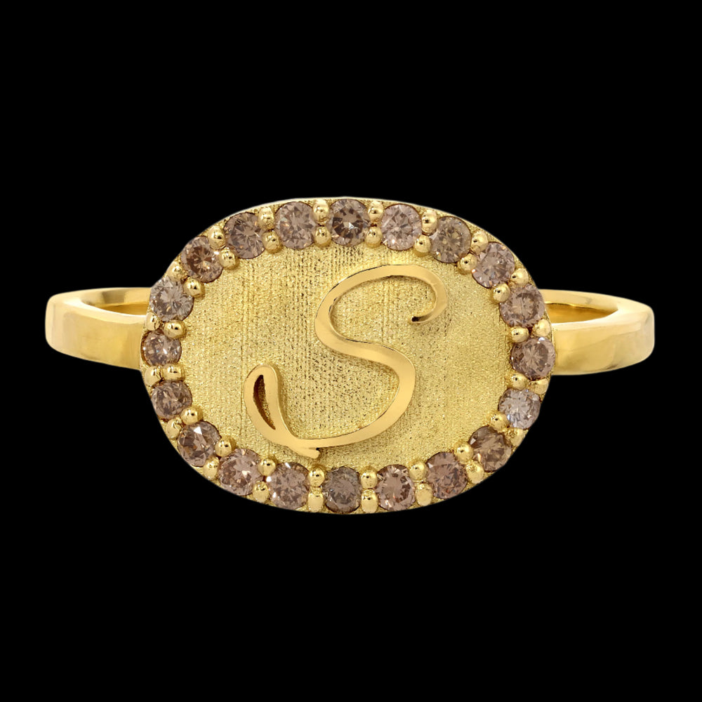 Champagne Diamond Initial Cuff Ring, 18k gold